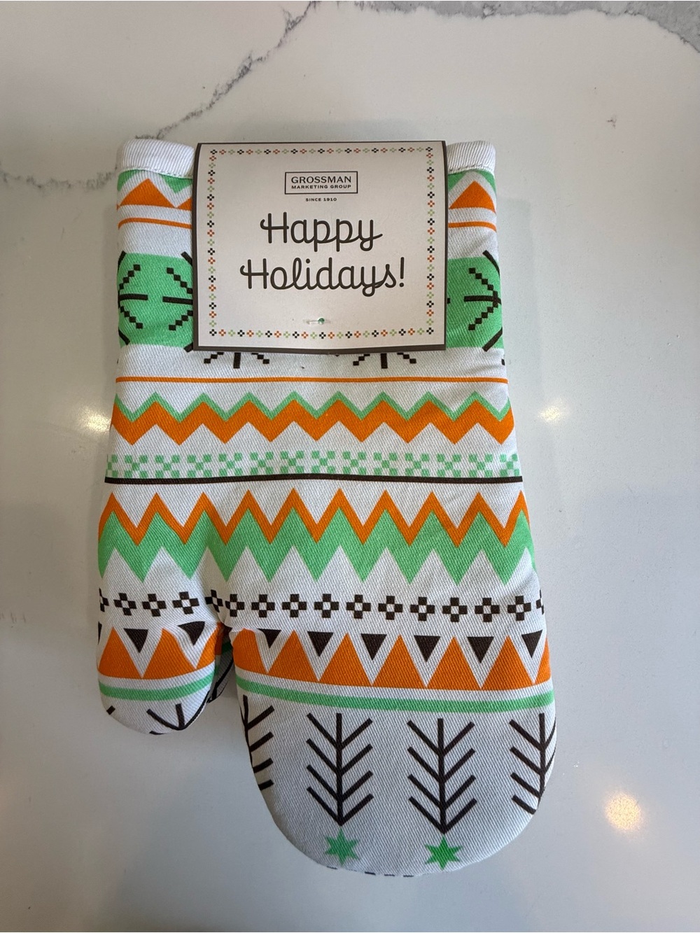 Happy Holidays Oven Mitt - Green & Orange Festive Pattern